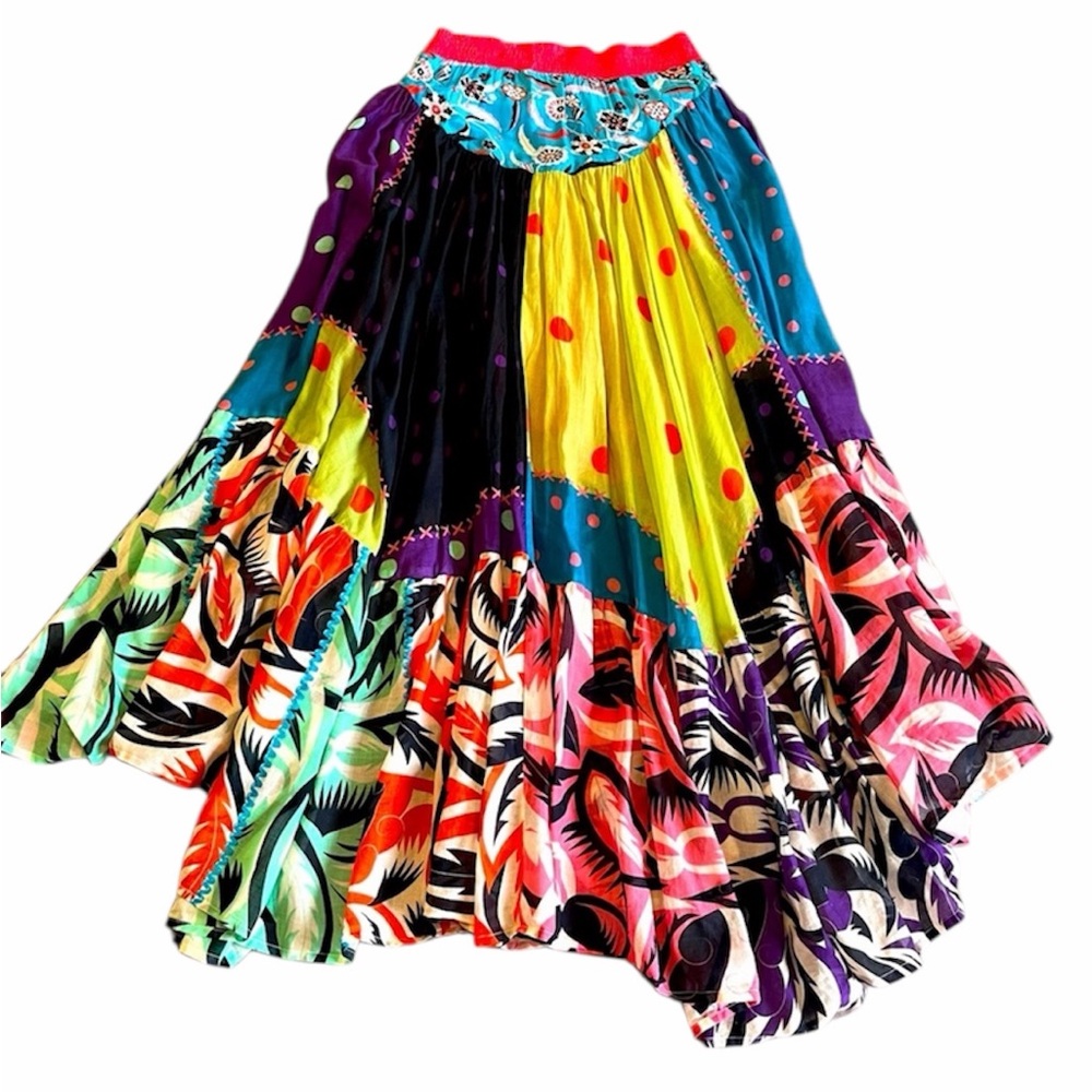 Mimi Liberté Patchwork Boho Maxi‎ Skirt Colorful Asymmetrical Festival Size 38